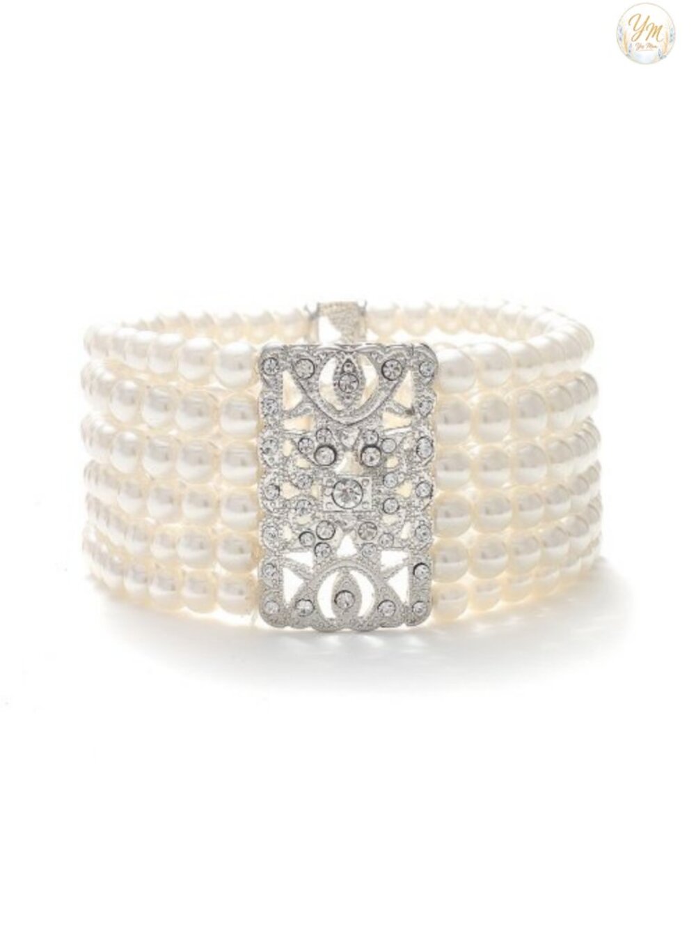 Vintage Art Deco Crystal and Pearl Stretch Cuff Bracelet, Simulated Pearls,